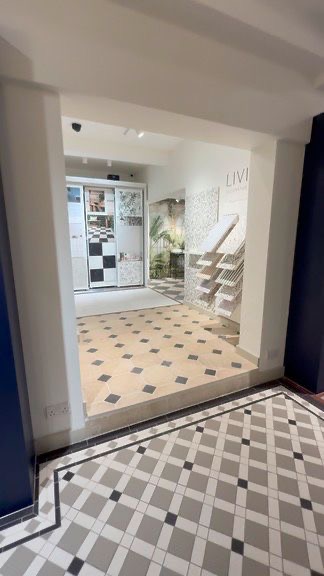 Showroom entrance with Victorian octagon geometric floor and Living decorative tile display, Clay and Rock King's Road